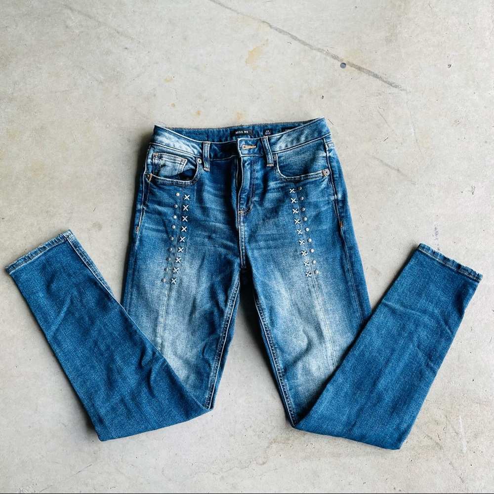 Miss Me Studded + Crossed Skinny Jeans